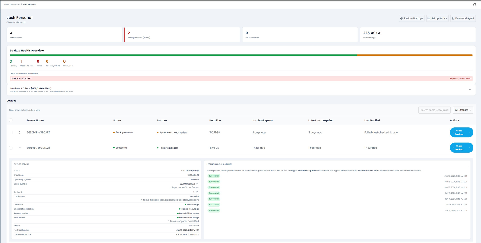 Nimbus Black client dashboard showing endpoint backup status, restore availability, and device details
