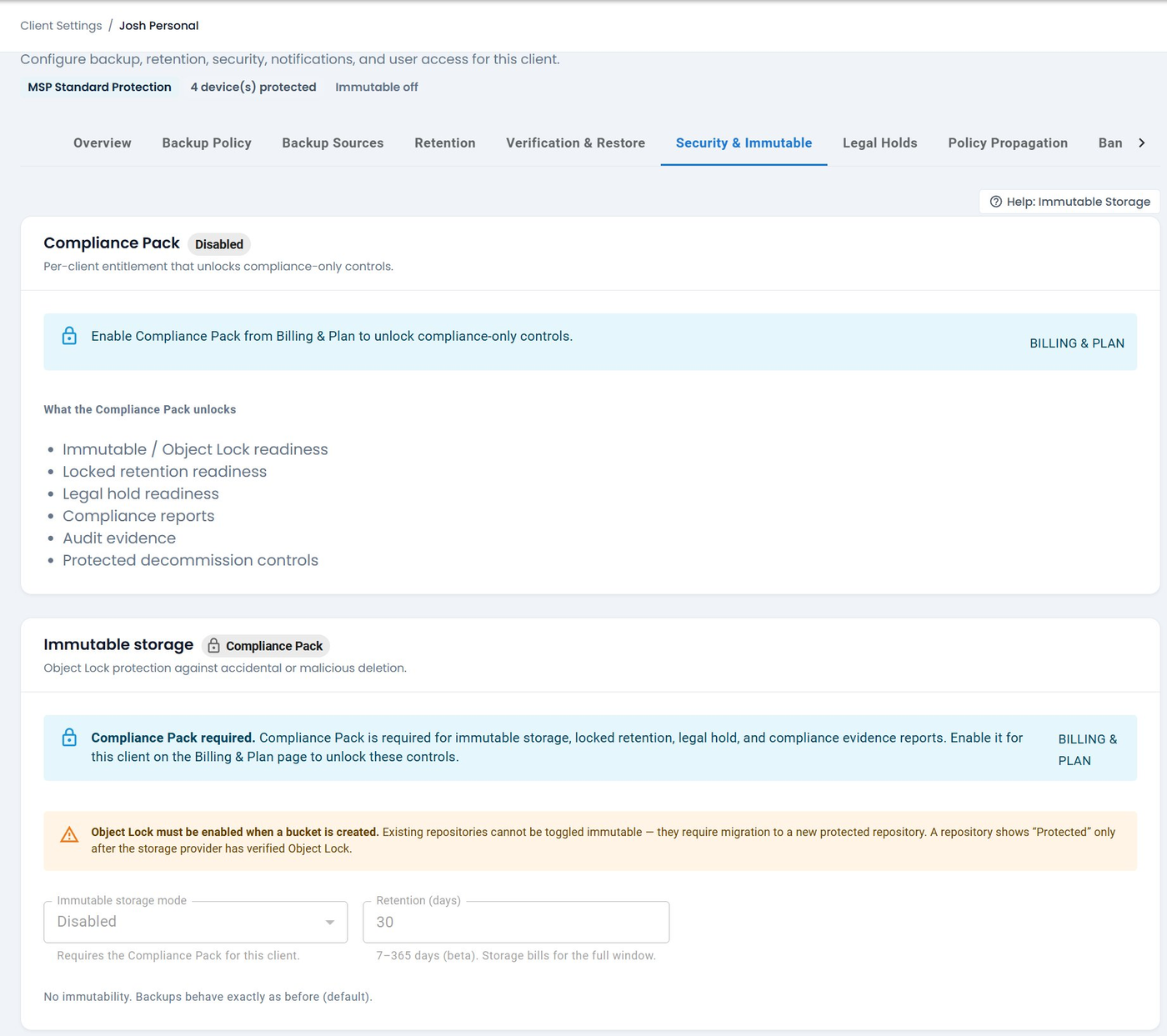 Immutable storage and Compliance Pack settings