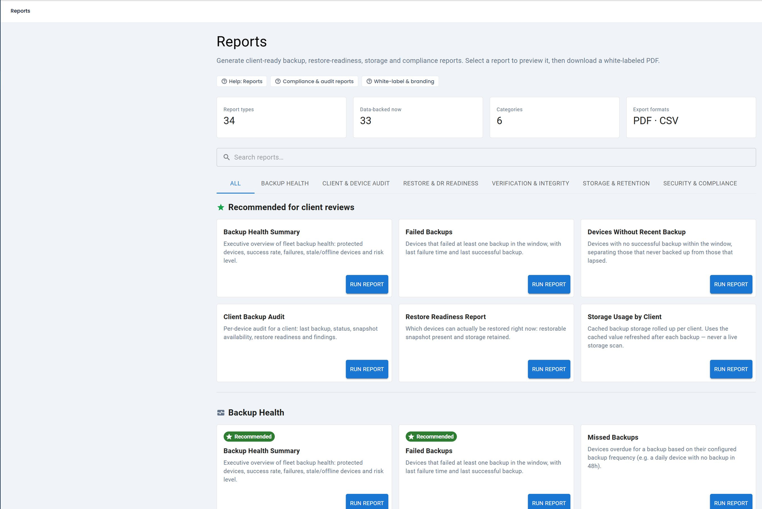 Reports library with client-ready exports